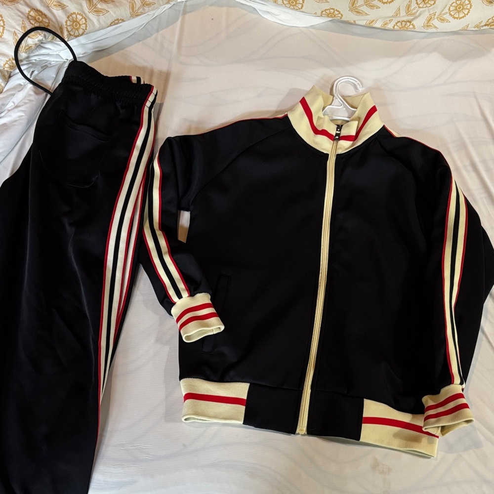 Men's Black and Cream Track Jacket and Pants Set